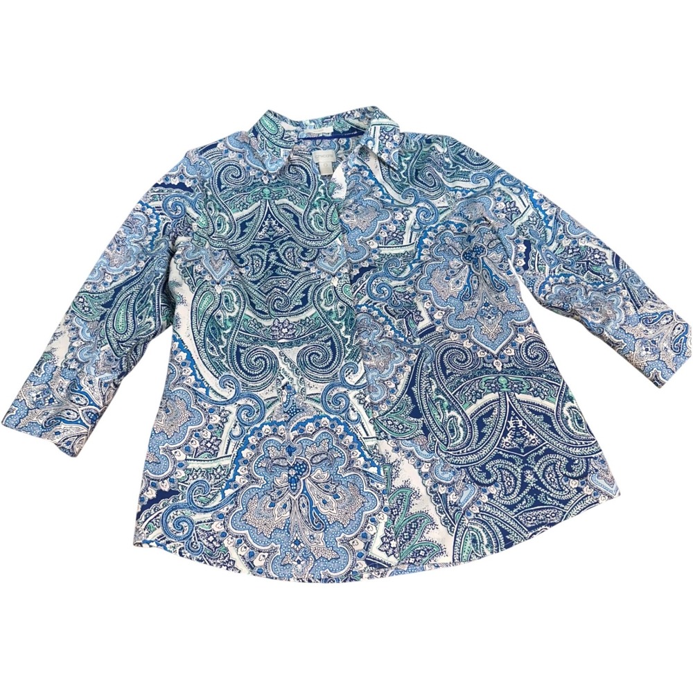 Chico's No-Iron Button Down Shirt Blue Paisley 3/4 Sleeve Women's Size 0 Small